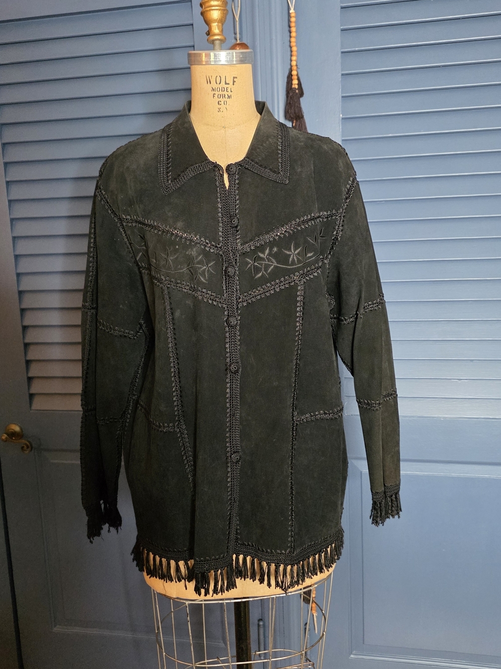 VTG Dressbarn Black Suede Leather Patchwork Western Fringe Jacket Boho 16W